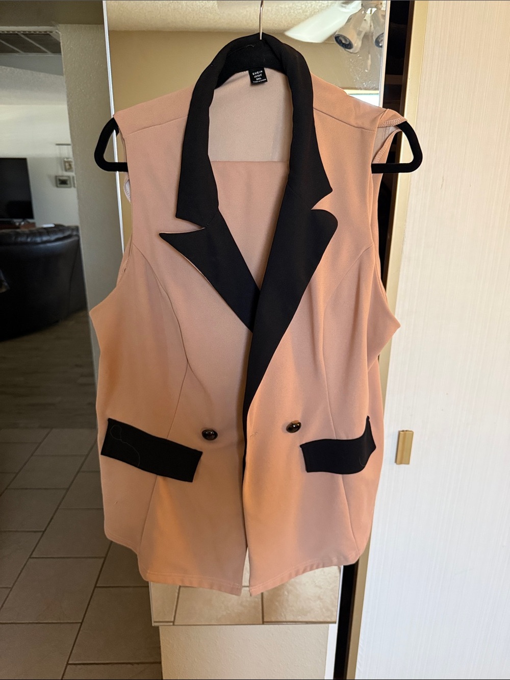 Sleeveless Blazer Vest and Pant Set with Black Contrast Lapel - Tan